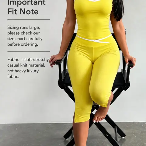 LW SheroWear Women's Contrast Binding Two Piece Set, U Neck Ribbed Crop Tank Top & Cross Wrap High Waist Capri Pants, Summer Outfit, Stretchy Slim-Fitting Loungewear, Matching Set for Commuting, Clubs, Dates & Daily Wear, Bodycon Workout Set, Active wear