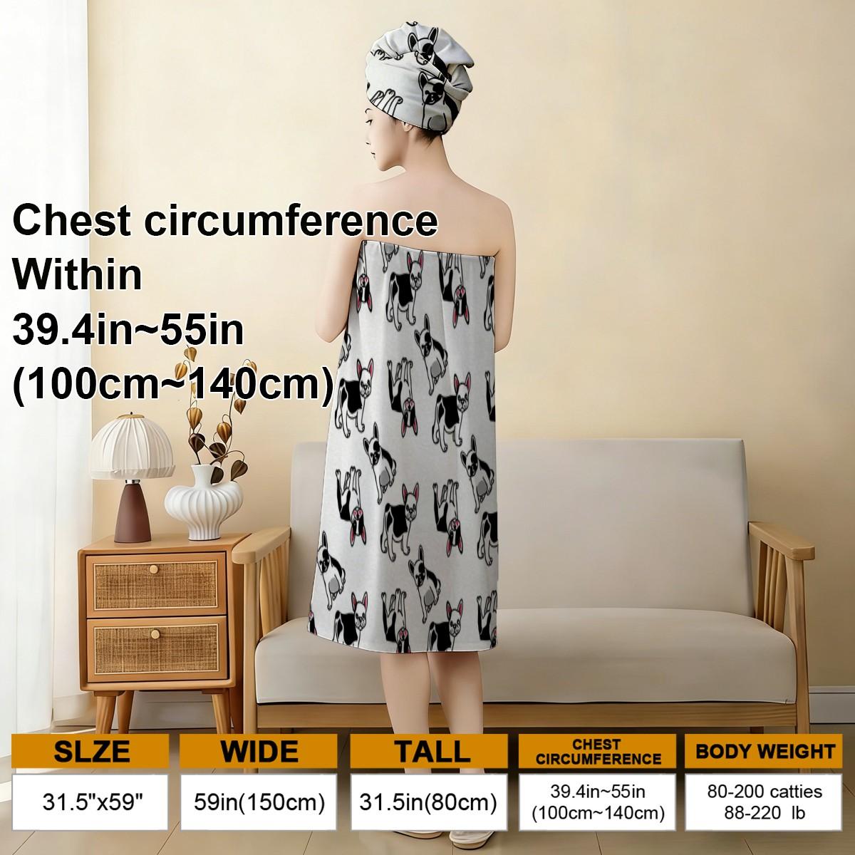 Bulldog print bath skirt + hair drying cap set, plus sizes M-XXXXL, high-quality microfiber, soft and absorbent, non-slip adjustable shower wrap, multi-purpose spa bathrobe, suitable for dog lovers, bathrooms, pools, and beaches