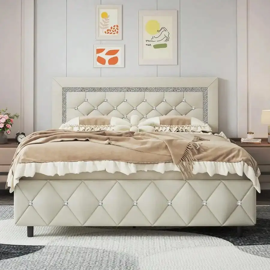 Twin/ Full/ Queen/ King Size  Frame, Upholstered  Frame With Diamond Headboard And Footboard, No Box Spring Needed, Easy Assembly, White/ Beige/ Black/ Grey/ Pink/ Purple/ Green bed, Modern Bedroom, Flat Bed, Leather, Teens,sohochic