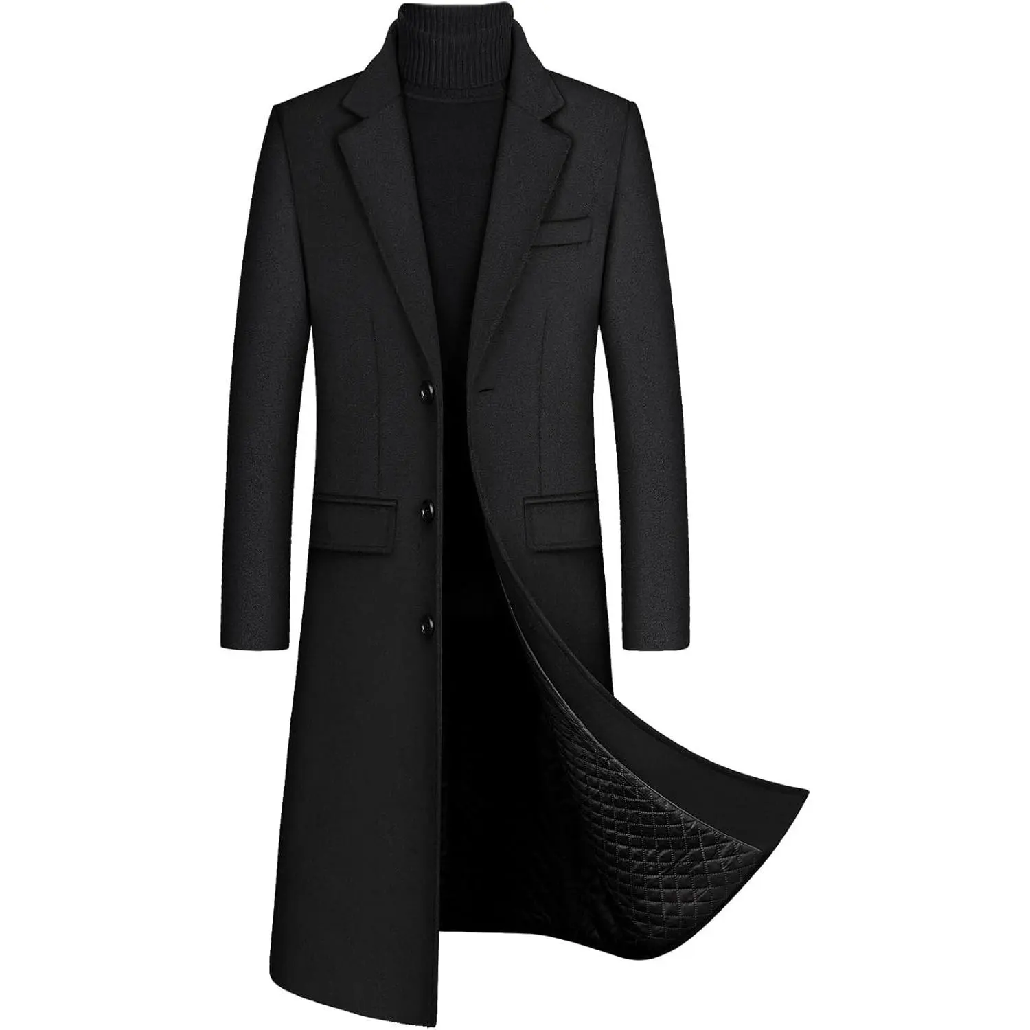Men Winter Trench Coat Quilted Long Jacket Overcoat Wool Pea Coat | Casual Formal Business Warm Windbreaker Long Sleeve Notch Lapel Single Breasted Cotton Fleece Lining Dress Peacoat Outerwear