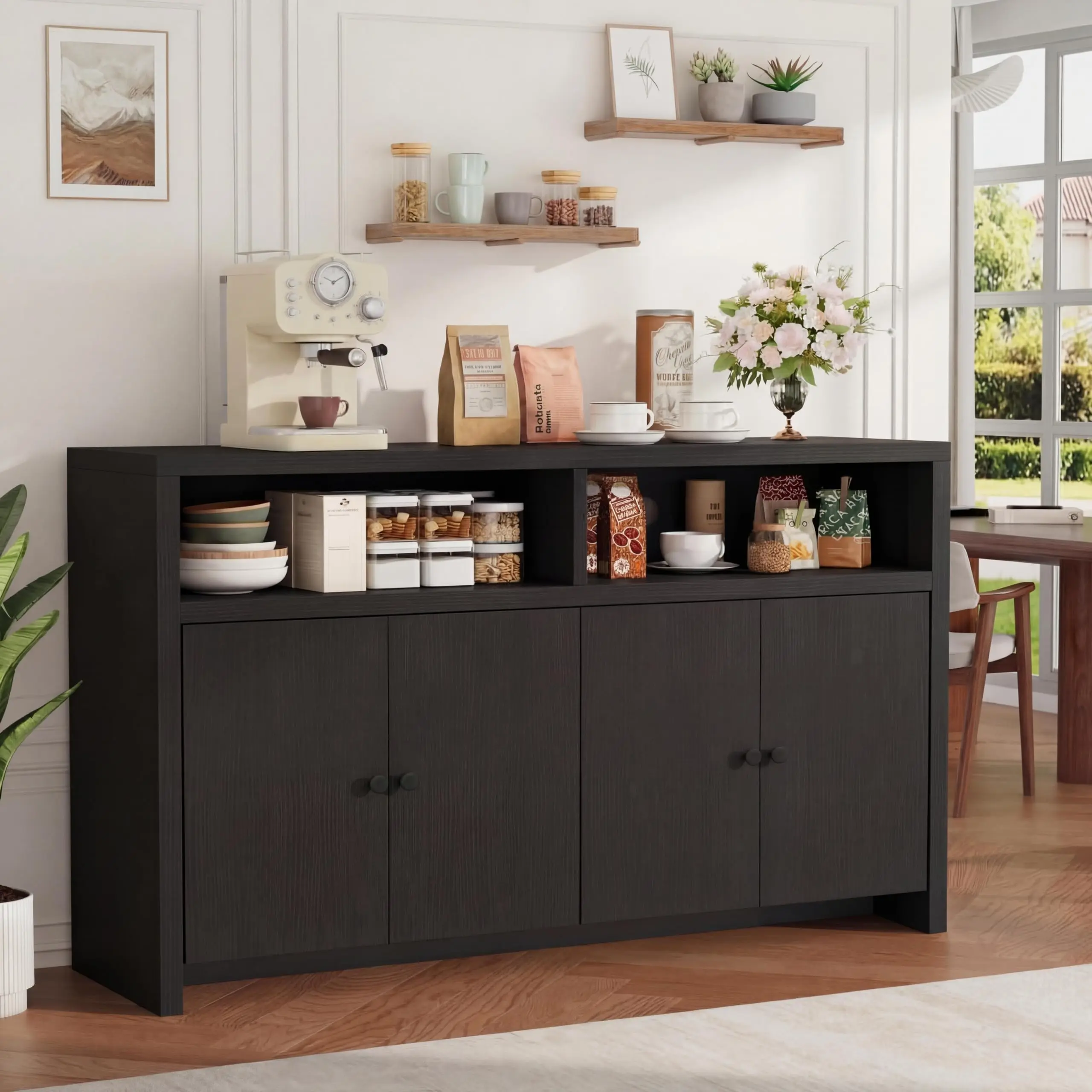 GAOMON 55" Sideboard Buffet Cabinet with Storage, Adjustable Shelves & 4 Doors, Modern Wood Console Table for Kitchen, Dining Room, or Living Room, Available in Black, White & Brown, and Natural Wood Finishes