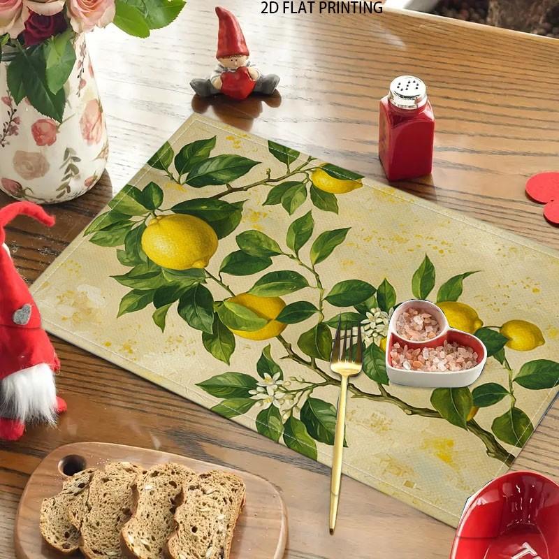 2D flat printing, 5-piece/7-piece watercolor lemon table flag placemat set, with green leaves for summer tabletop decoration and holiday kitchen table decoration, suitable for home gatherings, indoor decoration, and home decor