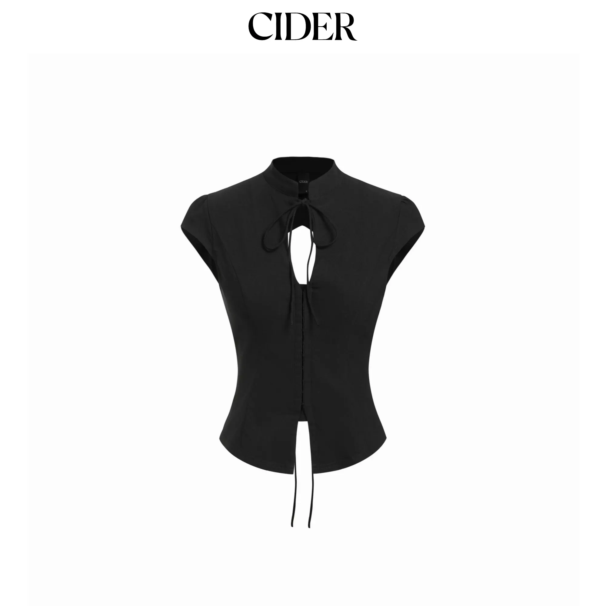 Cider Stand Collar Short Sleeve Tie Front Cut Out Backless Slim Blouse