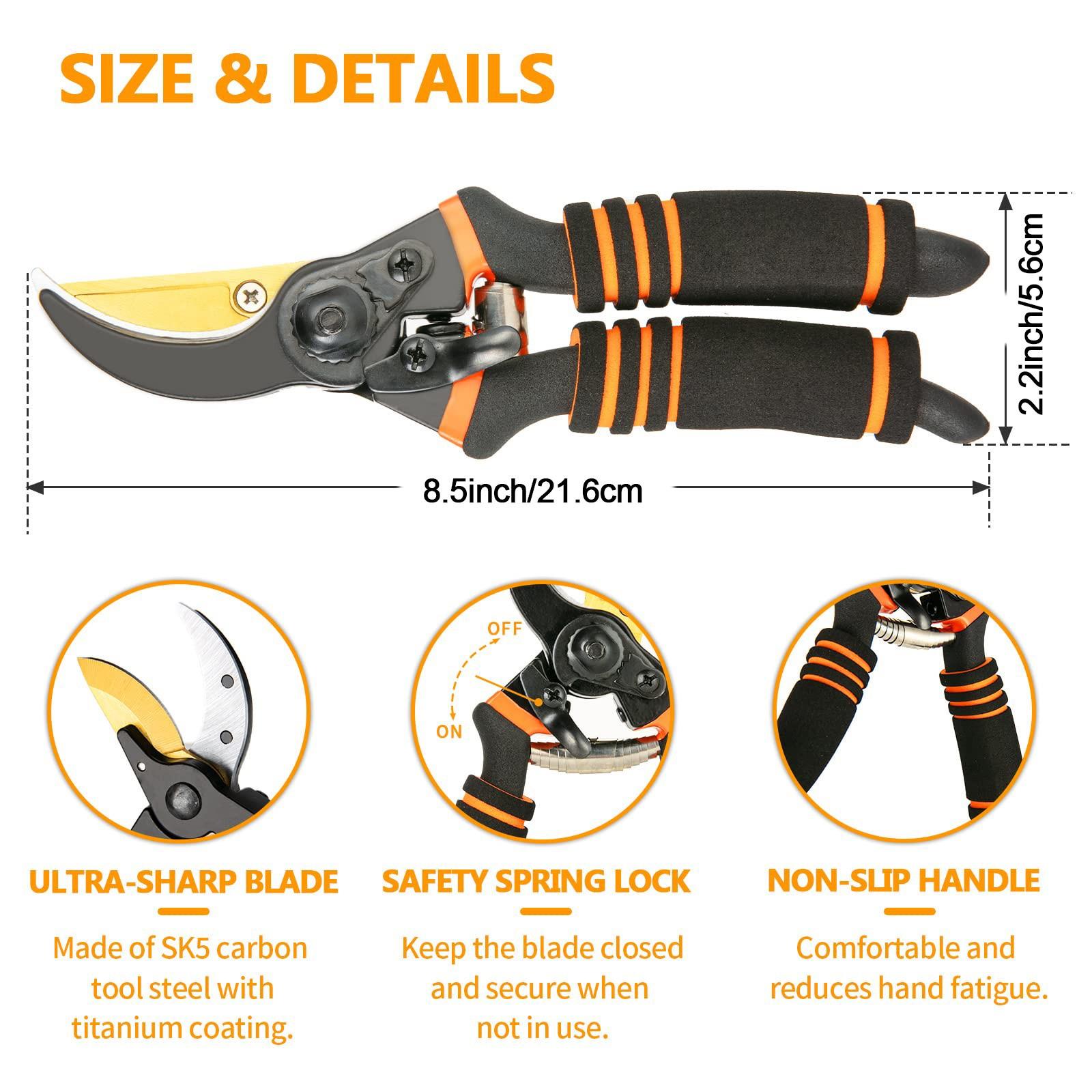 8.5" Professional Pruning Shears, Sk5 Steel Titanium Bypass, Garden Hedge Clippers, Ergonomic Pruners for Trees Shrubs Lawn