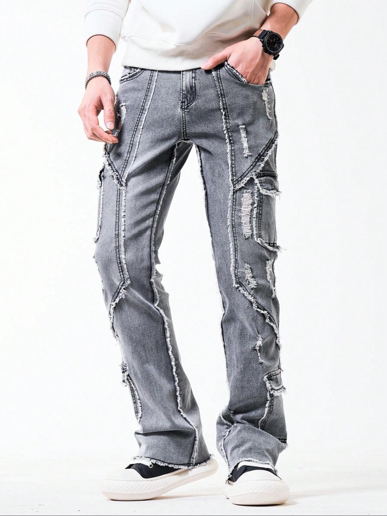 Men's Solid Color Fashion Ripped Fringe Denim Jeans, Mid Waist Stretch Tight Flared Pants with Button Fly, Casual Streetwear Style for Daily Wear