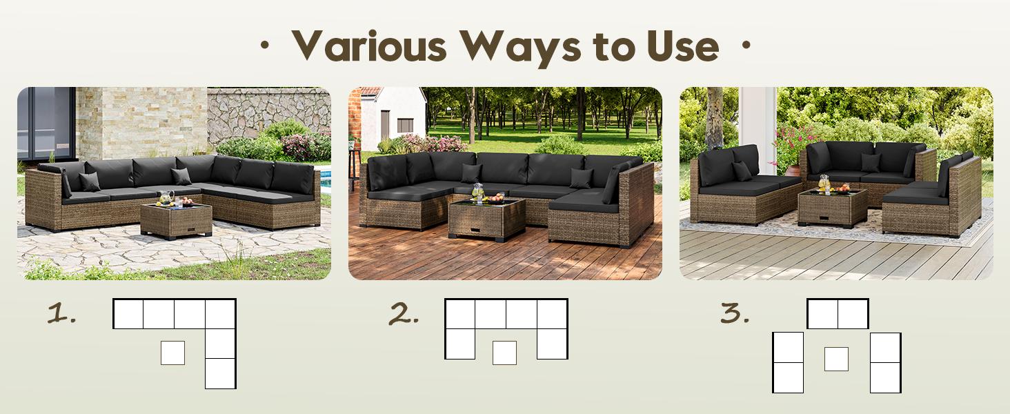 7 Piece Patio Furniture Set, Outdoor Furniture Patio Sectional Sofa, All Weather PE Rattan Outdoor Sectional with Cushion and Coffee Table. Swivel Chair Lounge