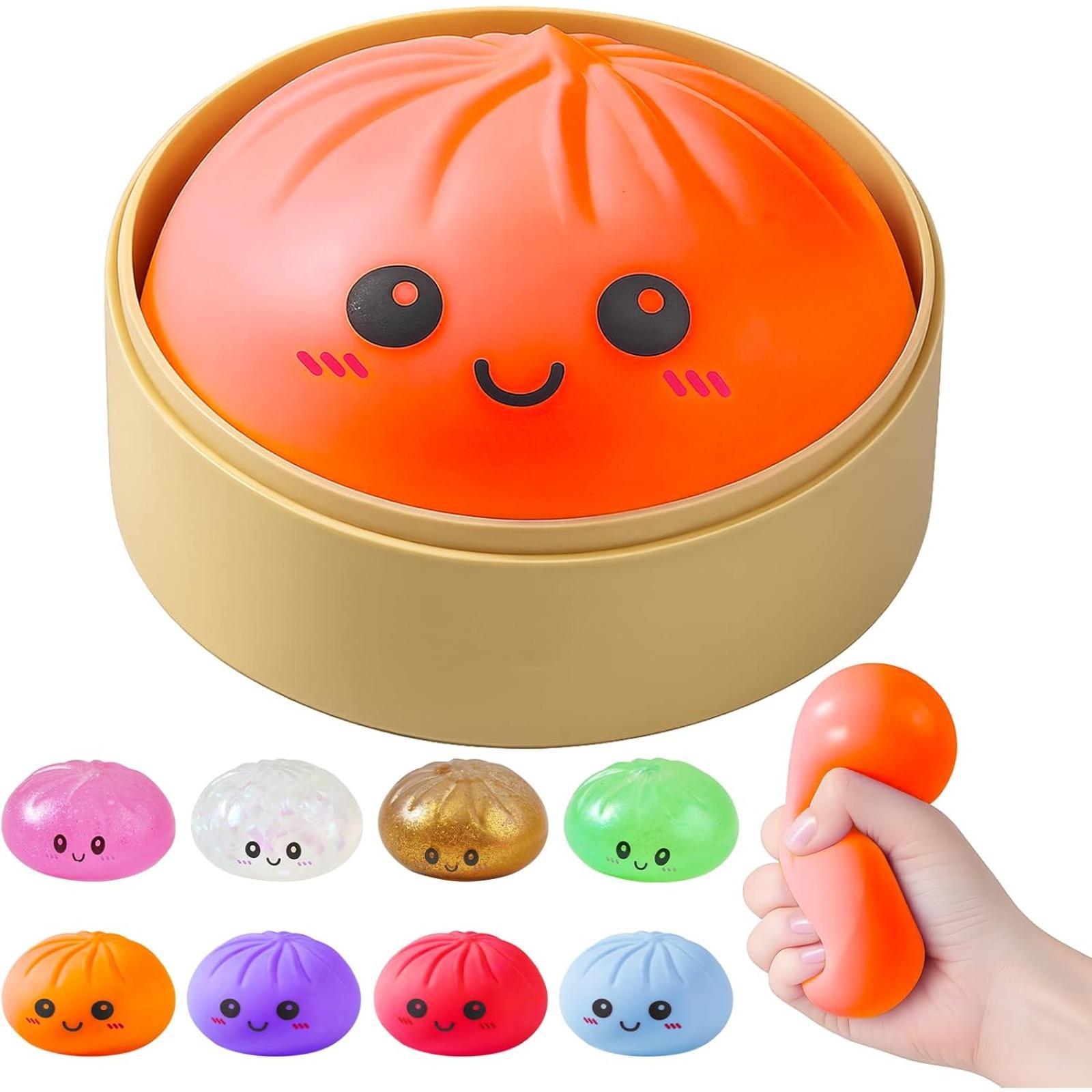 Dumpling Squishies, Glitter Dumpling Mystery Box, Colorful Dumplings Stress Balls Fidget Sensory Toy, Stocking Stuffers with Food Steamer Stretchy Desk Toys (Blue)