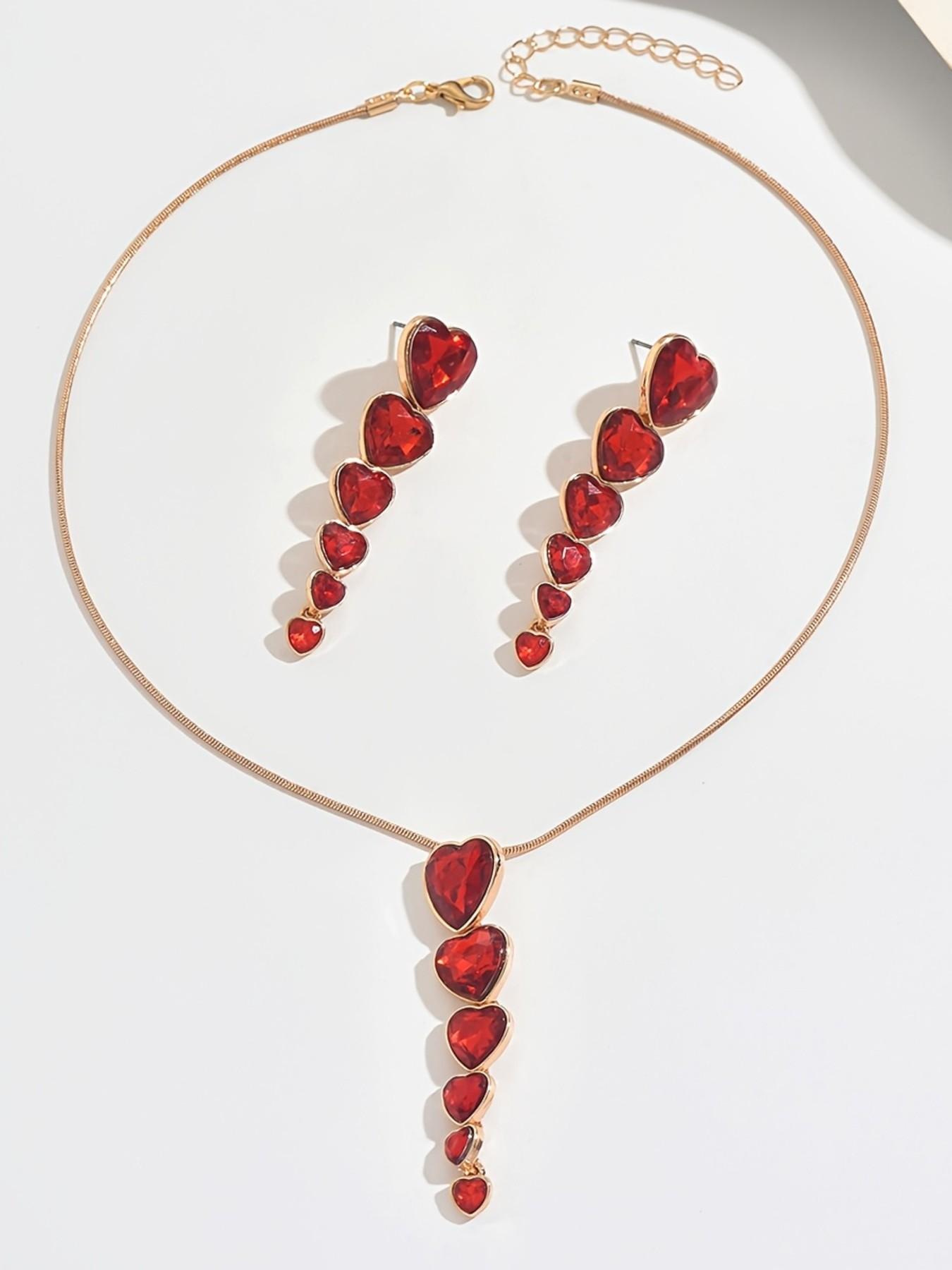 Heart Shape Gradient Long Pendant Necklace Earrings Set, Fashionable and Sexy Jewelry for Women, Perfect Gift for Valentine's Day