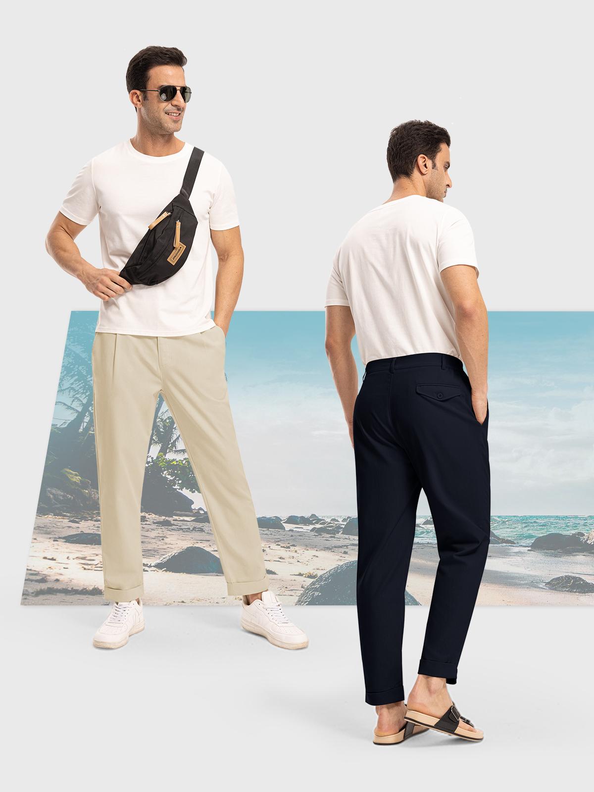 Gopune Men's Lightweight Casual Pants Slim Fit Cotton Linen Pants Elastic Waist Summer Beach with Pockets Menswear Trouser the Black Bottoms