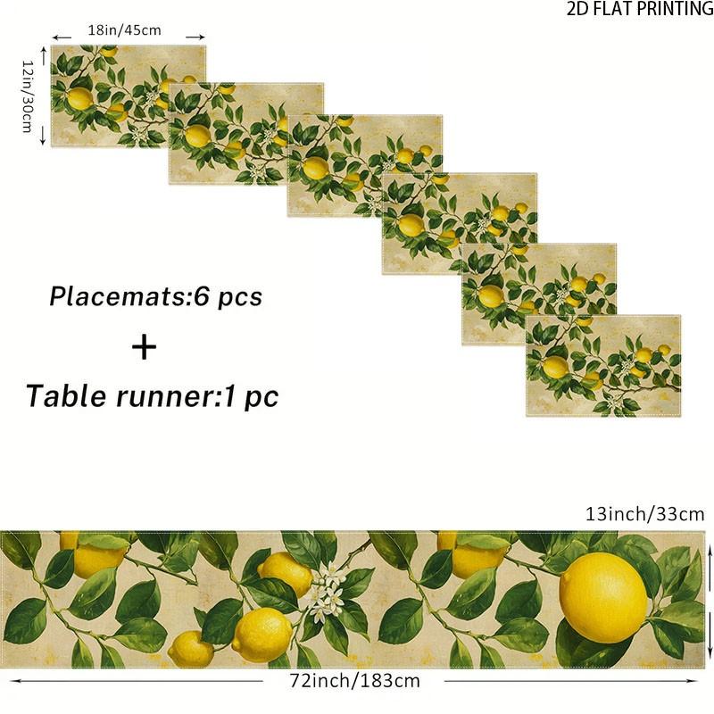 2D flat printing, 5-piece/7-piece watercolor lemon table flag placemat set, with green leaves for summer tabletop decoration and holiday kitchen table decoration, suitable for home gatherings, indoor decoration, and home decor