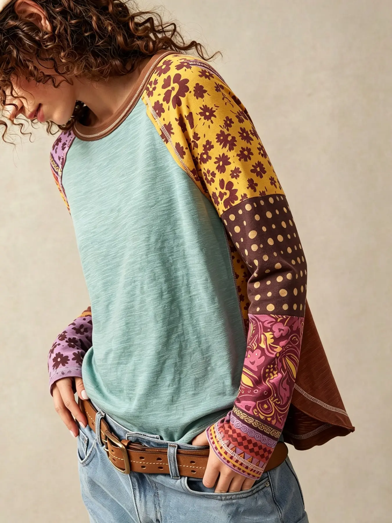 Women's Bohemian Vintage Ethnic Long Sleeve T-Shirt, Colorblock Patchwork, Round Neck Loose Fit, Spring Fall Casual Streetwear Top