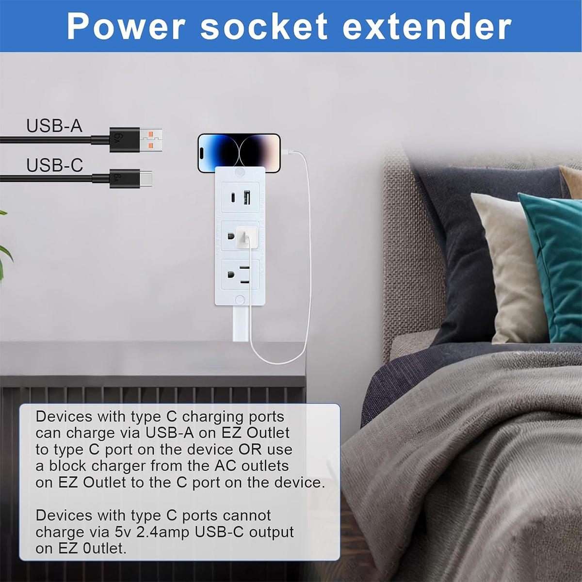 Power Socket Expander 180° Rotating Outlet Extender with 17"-27" Adjustable Extension Cord 2 AC Outlets + USB-A/USB-C Fast Charging Fire-Resistant & Overload Protection for Tight Spaces Behind Couches Beds Desks