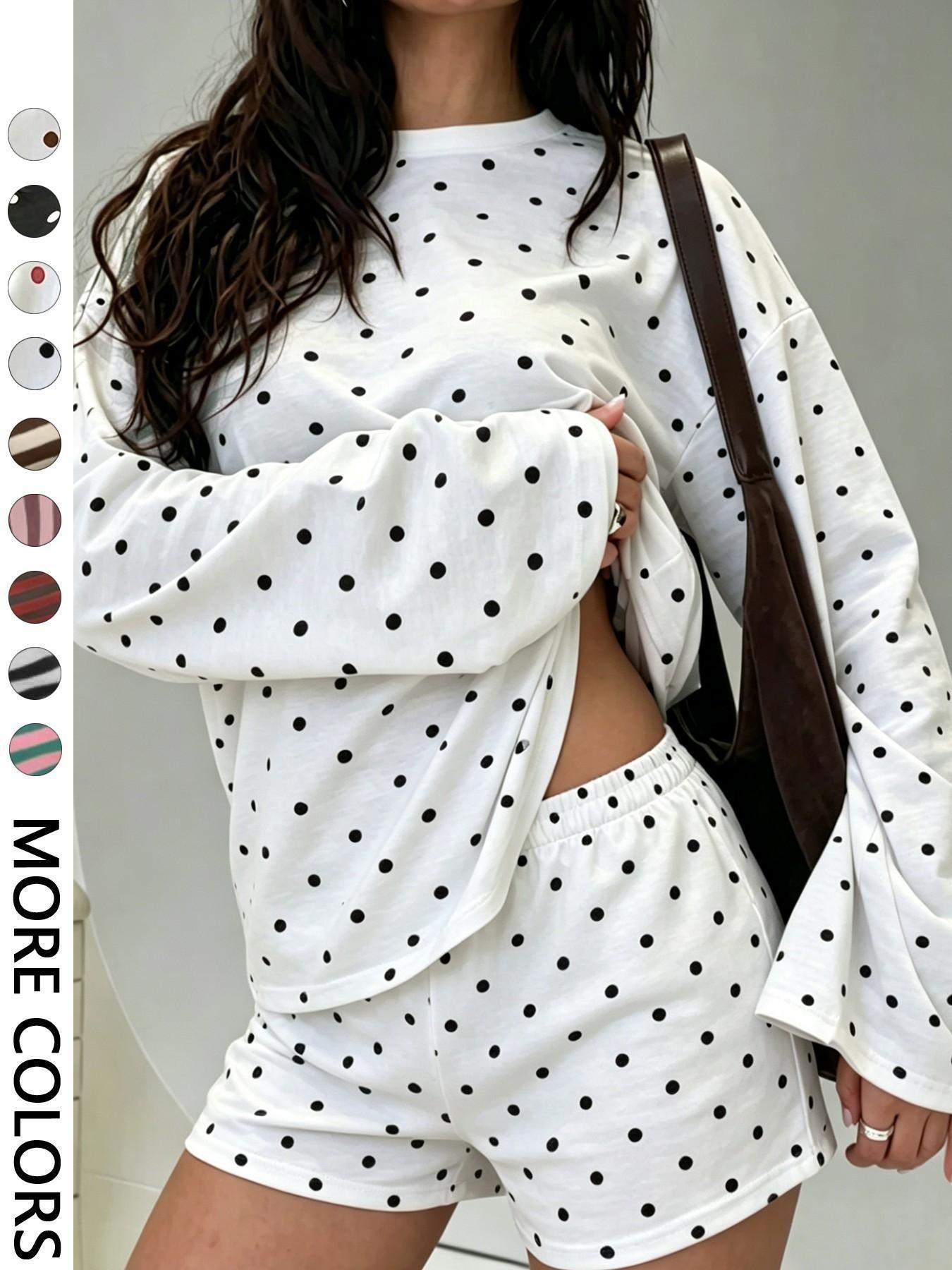 Valentine's Day Women's Casual Striped Long Sleeve Top & Shorts Set, Summer Matching Set, Loose Fit, All Season, Comfortable Travel Clothing for Daily Wear
