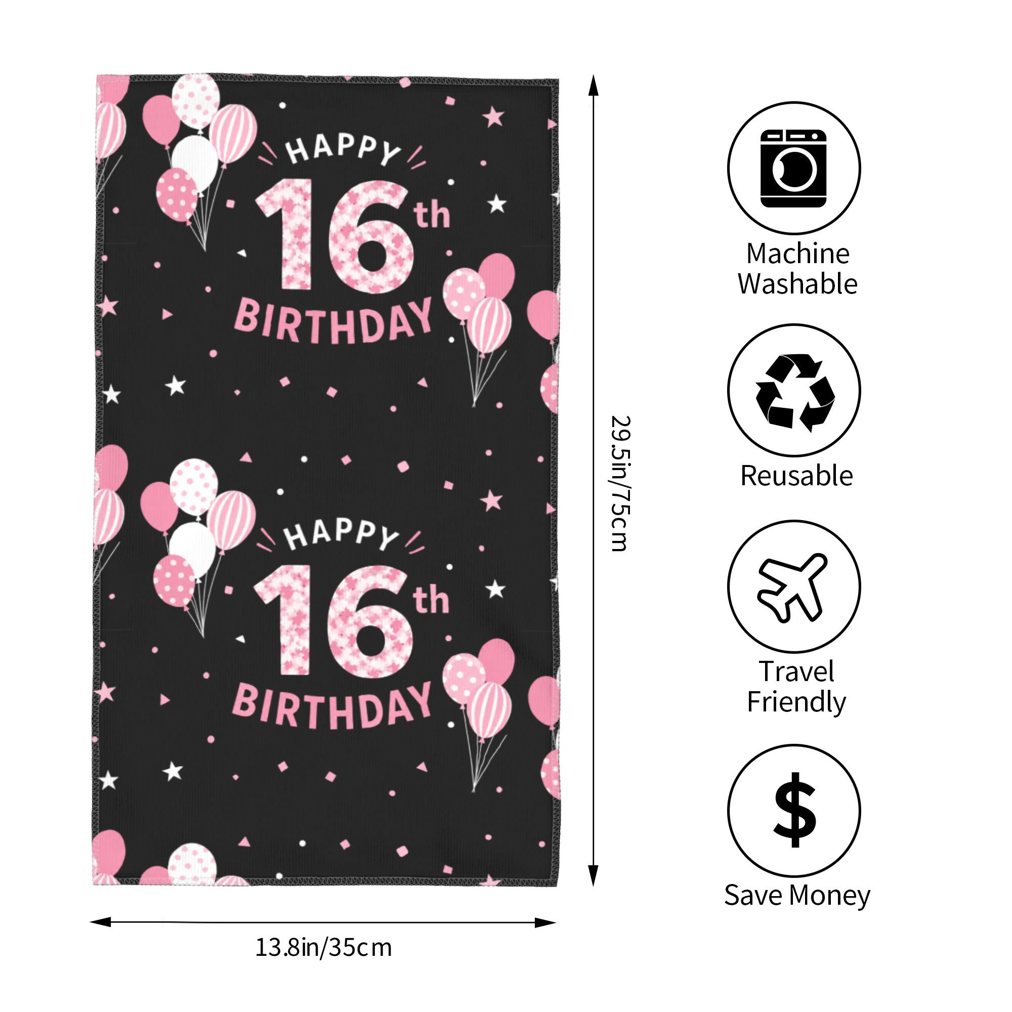 16th Birthday Personal Microfiber Poly Face Towel - Pink Balloons Stars Print, Soft Absorbent, 35x75cm Skin-Friendly Non-Fading Home Bathroom Towel, Multi-Purpose Fluffy Girls' Gift for Sweet 16 Party Decoration