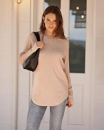 WIHOLL Women's Basic Minimalist Long Sleeve Round Neck Tunic Top - Lady's Spandex Shirt with Thumb Holes, Cuffed Sleeves, Curved Hem, Clothes for Women, Back to School Outfits to Wear with Leggings
