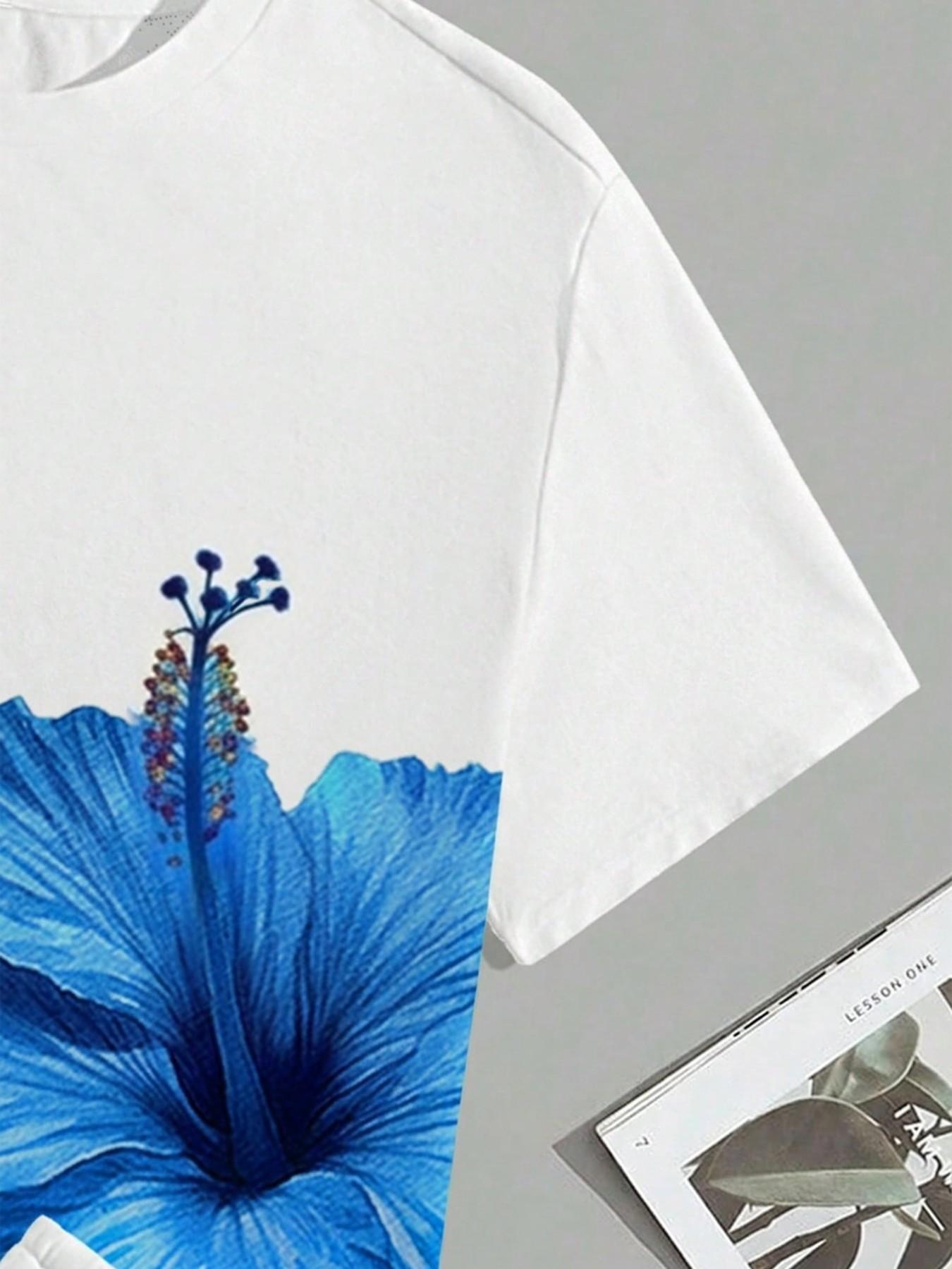 Summer Men's Outdoor Round Neck Short Sleeve T-Shirt and Shorts Set, Floral All over Print, Casual Fitted Style, 2-Piece