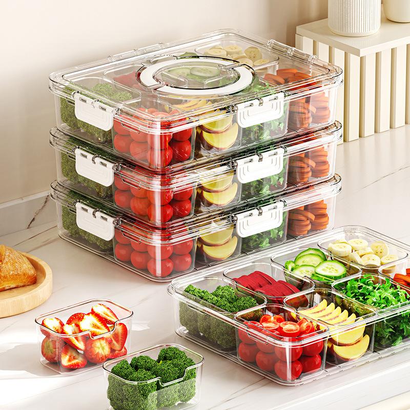 Mess-Free Stackable Snackle Box Container, 8 Compartment Divided Serving Tray with Lid & Portable Handle, BPA-Free Food Organizer for Fridge Storage, Picnics, Parties, Travel & Meal Prep