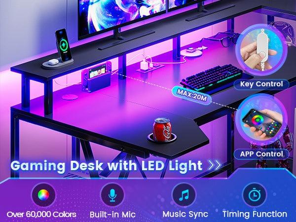 Sikaic 55 Inches Large PC Gaming Desk with LED Lights and Storage Shelves Monitor Stand Power Outlets Cup Holder Black Modern FathersDayGift Console Game