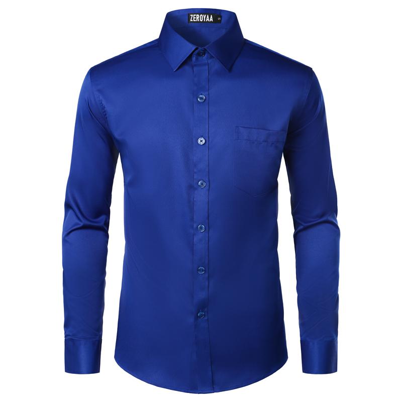 ZEROYAA Men's Beige Polyester Long Sleeve Button-Up Dress Shirt with Left Chest Pocket Urban Casual Business Slim Fit Tops