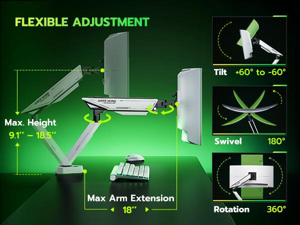 ARES WING RGB Monitor Arm Desk Mount for 17-45 inches Flat and Curved Monitors, Holds 35.2 lbs Heavy Duty, Adjustable Ultrawide Monitor Arm with Clamp & Grommet Base, 75/100 VESA Mount Ergonomic Office