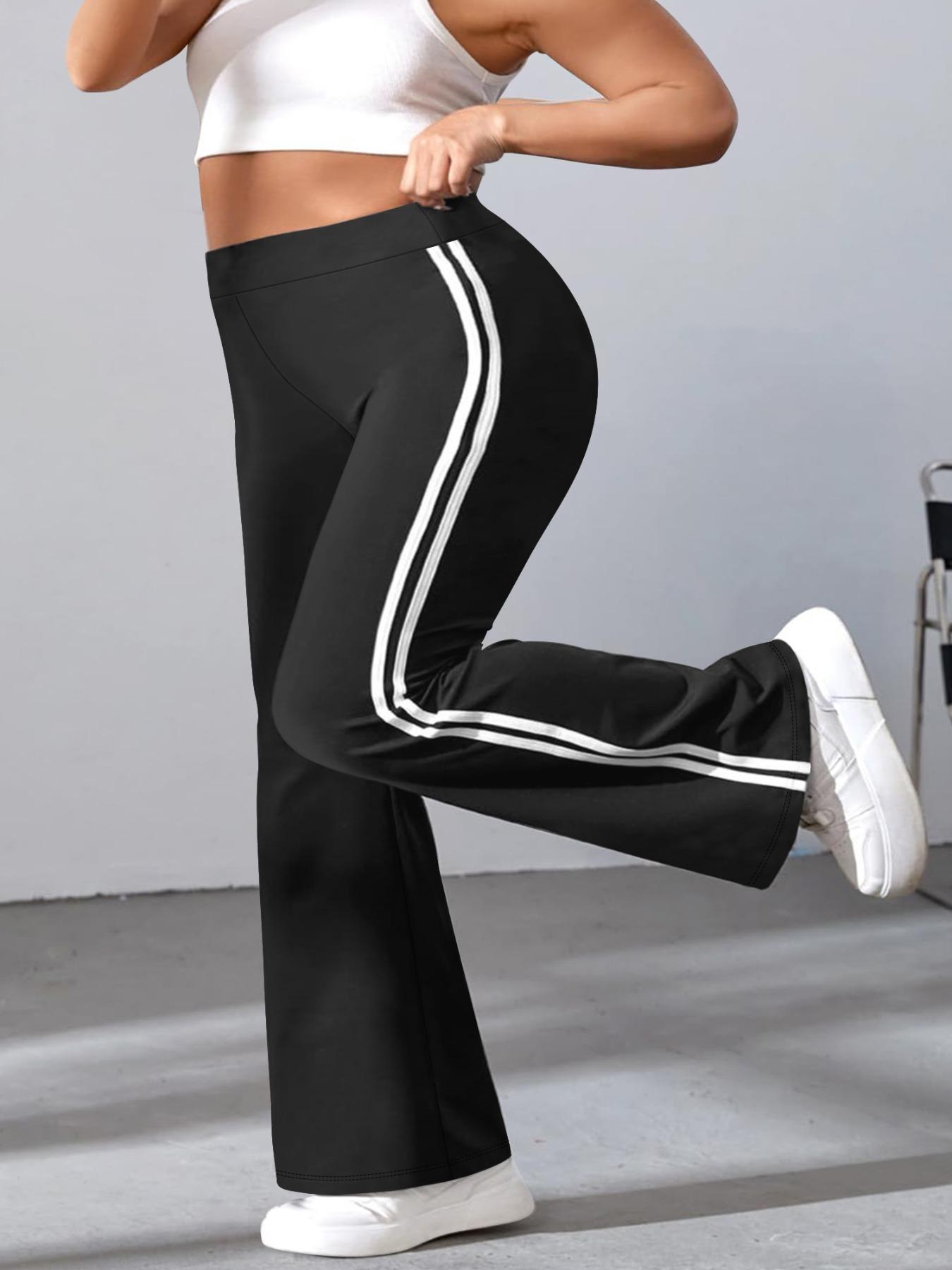 【Plus Size】 Side Stripe Design Flare Leg Leggings, Casual Comfy High Waist Bell Bottom Trousers for Daily Wear, High Waisted Leggings, Women's Bottoms for All Seasons