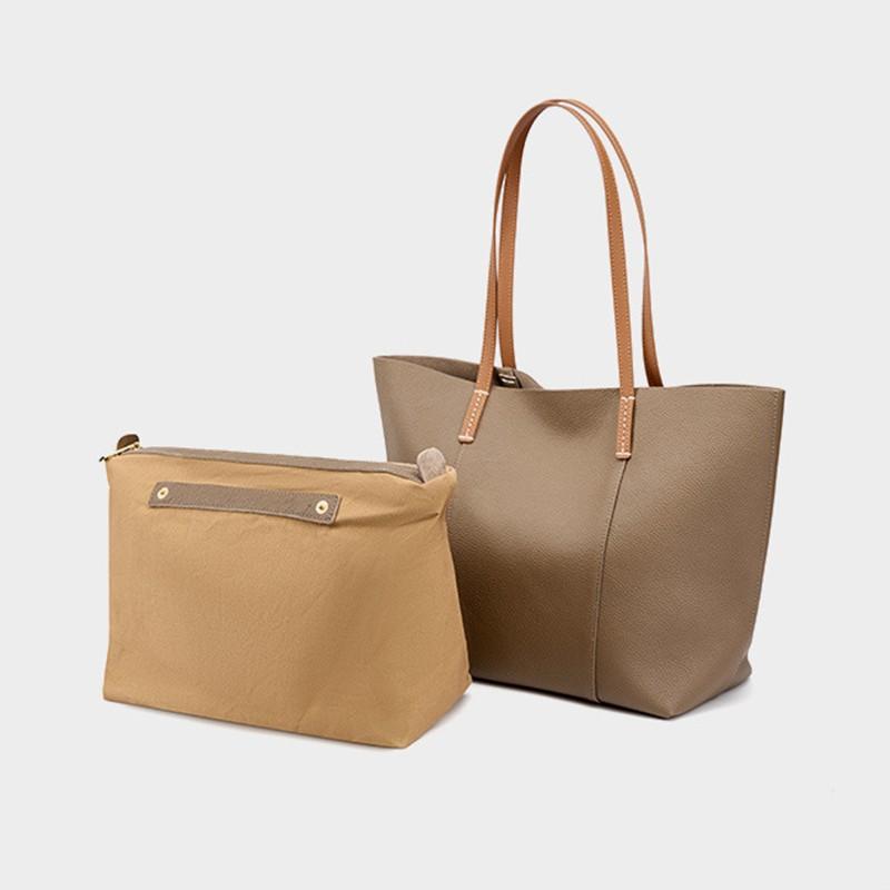 1pc Cowhide Leather Handmade Tote Bag, Spacious Commuter Handbag for Office Ladies, Stylish Daily Single Shoulder Bag with Inner Pouch.