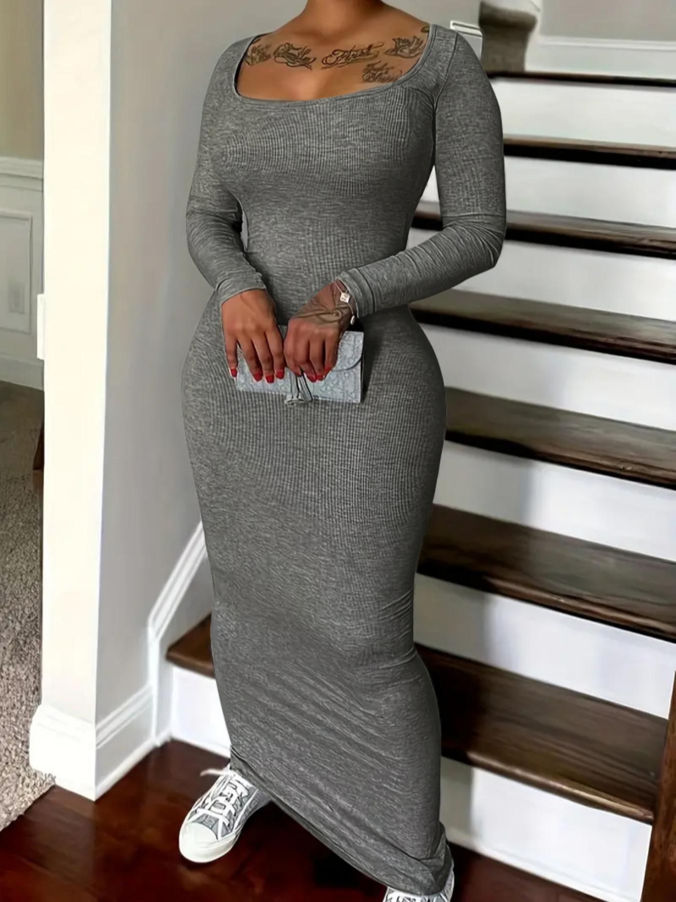 Women's Solid Scoop Neck Ribbed Bodycon Dress, Casual Long Sleeve Long Dress for Fall & Winter, Women's Clothing for Daily Wear