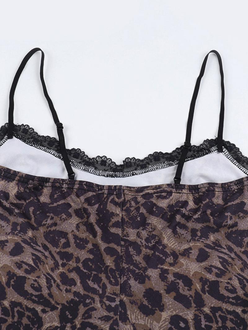 Women's Leopard Lace Trim Halter Dress, Elegant Summer Party Dresses, Sexy Backless Design, Perfect for Night Out & Casual Wear