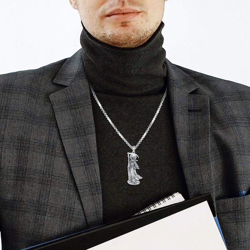 Thanches Santa Muerte Necklace S925 Sterling SIlver Death Holy Amulet Jewelry Gift  Magic Wiccan Pagan Protection for Women Men