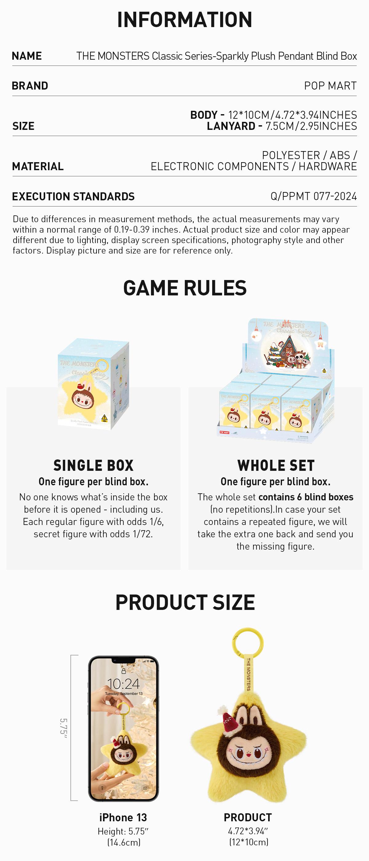 POP MART THE MONSTERS Classic Series-Sparkly Plush Pendant Blind Box, Mystery Box