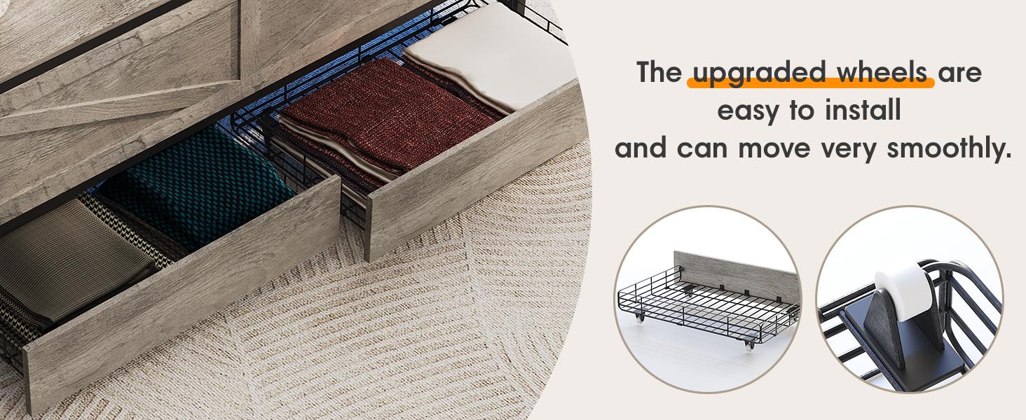 Vabches NO MATTRESS Bed Frame with Storage Ottoman and 2 Drawers, Farmhouse Metal Platform Bed with Headboard, LED Lights and Charging Station, No Box Spring Needed, Noise Free