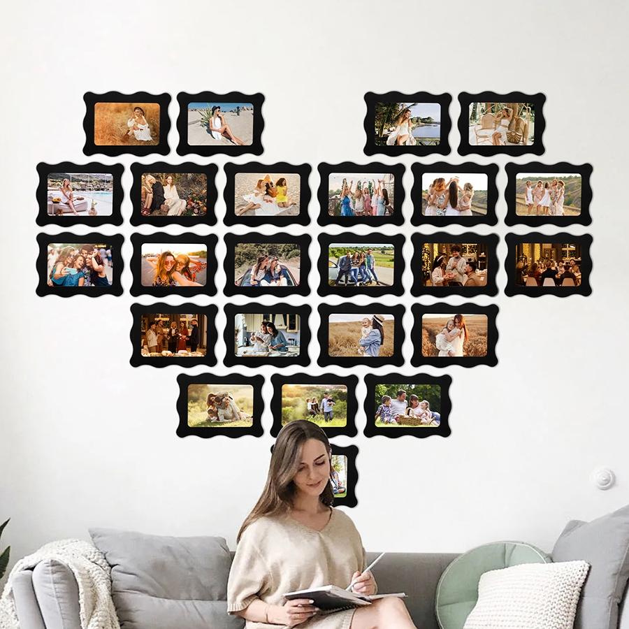 15pcs Creative Rectangular Wave Decorative Picture Frame Set, Heart Shape Photo Frames Wall Record, Home Decoration