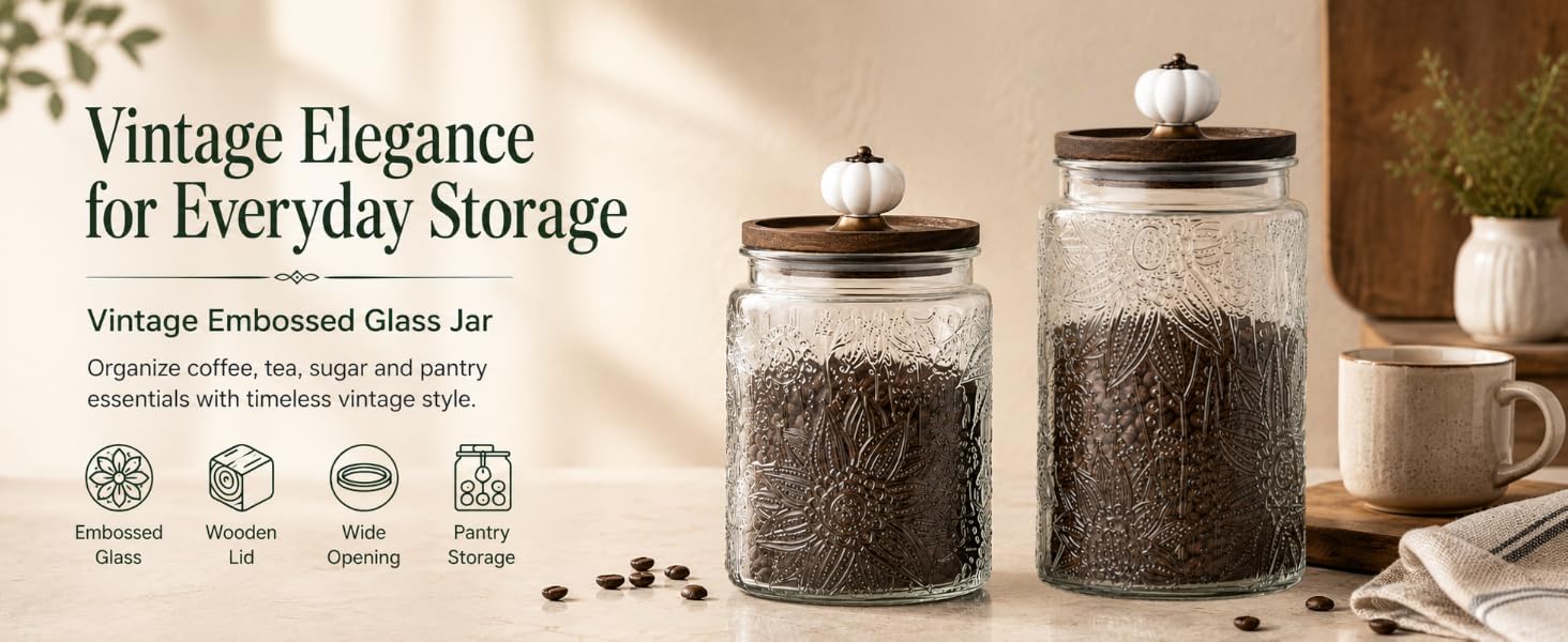 Arthink 23.7 Fl Oz Vintage Glass Storage Jar with Pumpkin Lid, Airtight Glass Canister for Coffee, Sugar, Tea, Cookies, Candy, Pasta & Cereal, Embossed Pantry Container homeessentials