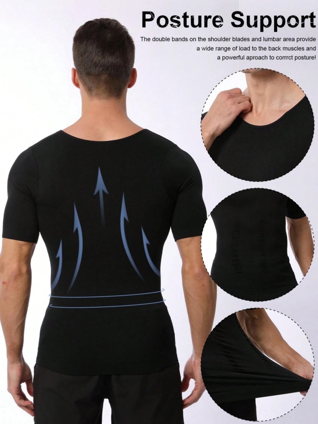 1 Count Men's Sports Tummy Control Firm Support Shapewear Tops, High Elasticy Fashion Style Body Shaper Tshirt, Breathable Comfortable Chest Abdomen Smoothing Base Shaping Top, Suitable for Daily Wear & Gym & Office Wear