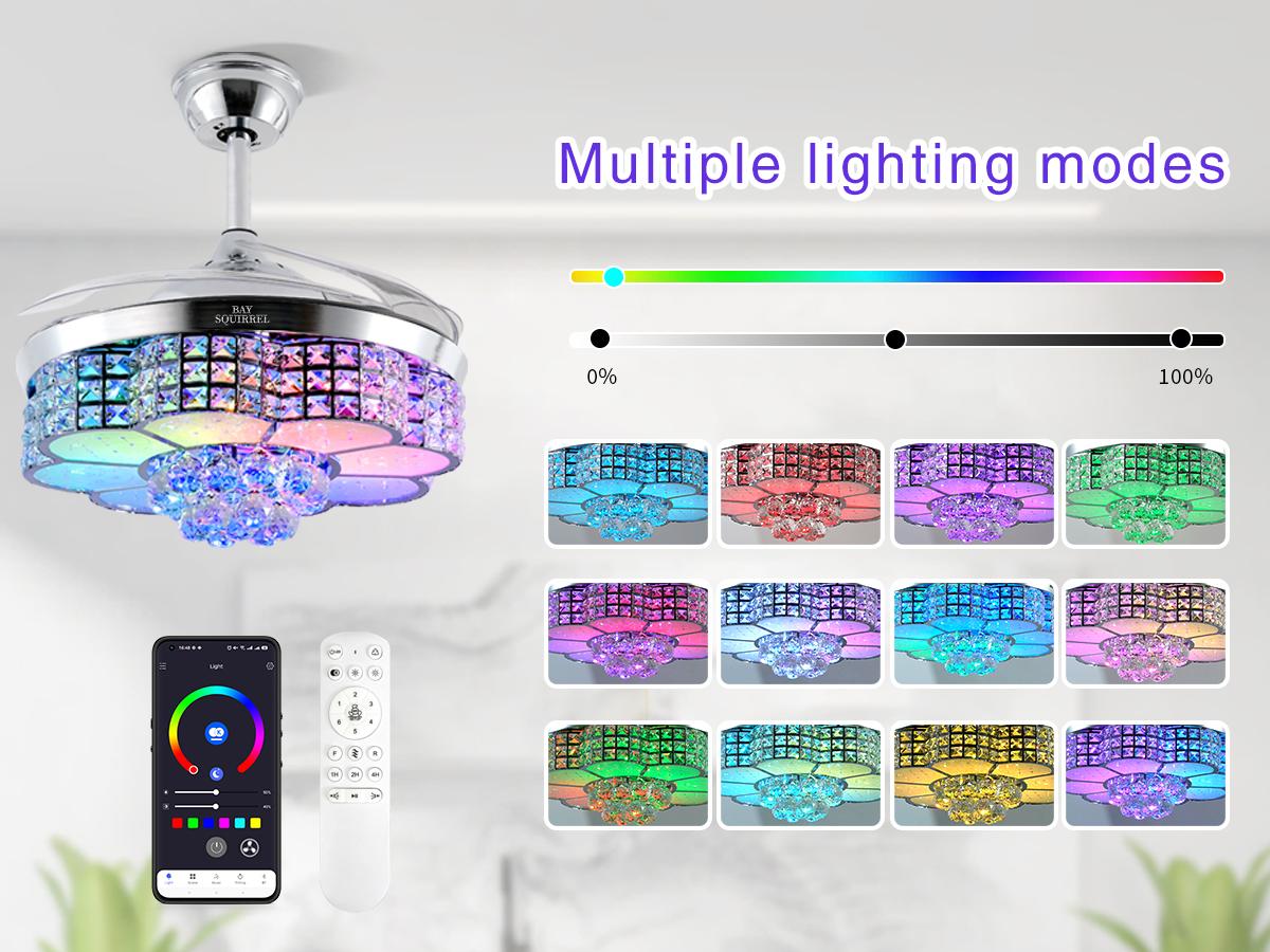 BAYSQUIRREL Retractable Crystal Ceiling Fan with Speaker,Remote/APP Control, 6 Speed Reversible RGB-LED Light,  Atmosphere Lighting Ambient Decoration Lamp, Excellent Gifts Changing Nightlight