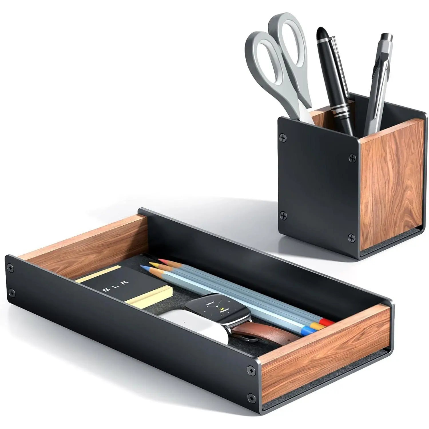 Walnut Desk Tray with Pen Holder Set, Natural Wooden Desk Drawer Organizer for Office, Organizer Tray for Keys, Pen, Watch