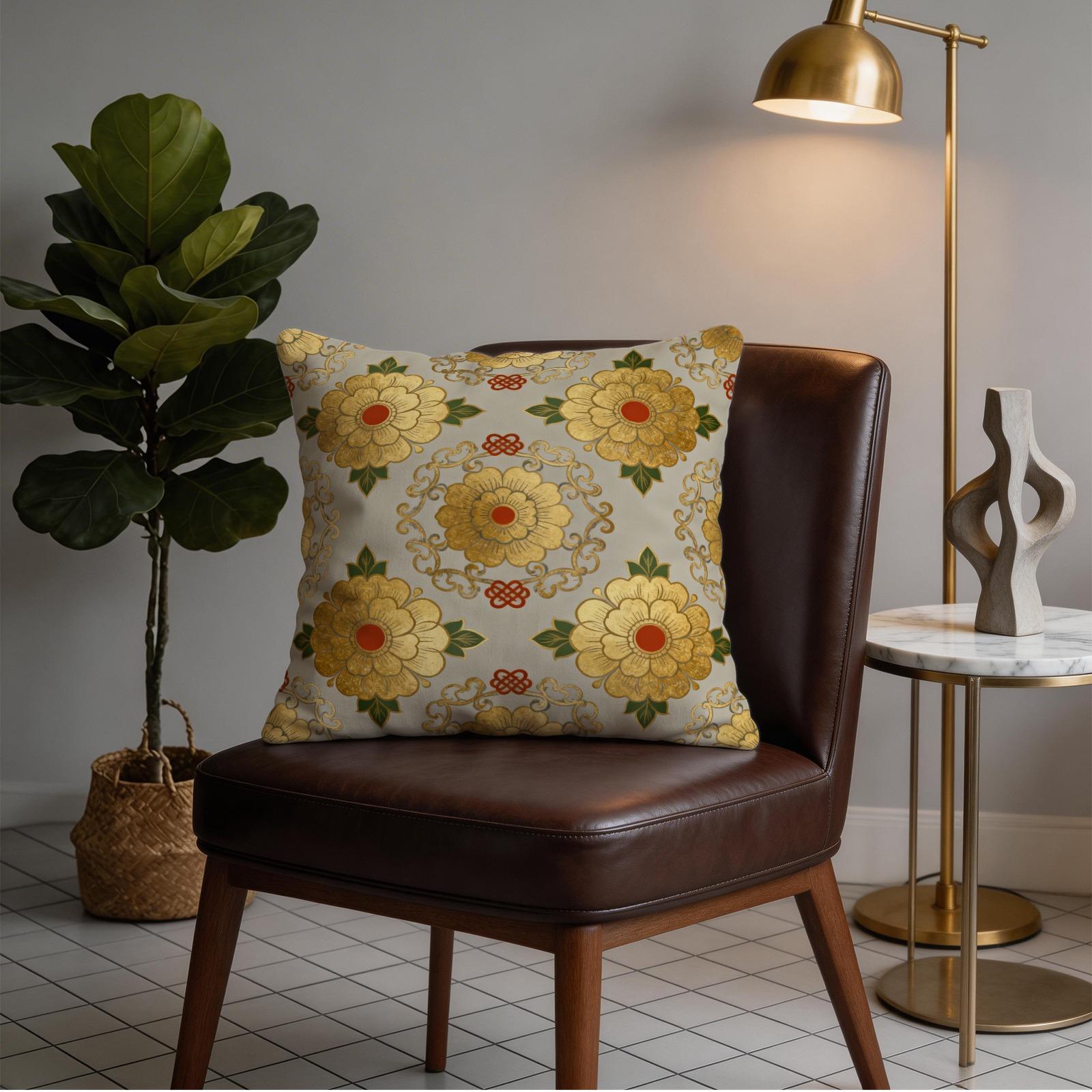 1 Pack 18×18 Inch Vintage Floral Pattern Throw Pillow, Classic Asian Style Decorative Accent Pillow, HD Digital Print Non-Fading Soft Decorative Cushion with Invisible Zipper for Couch, Sofa, Bed, Living Room and Bedroom