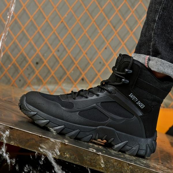 NIEION Men's High Top Steel Toe Safety Boots with Magnetic Closure & Anti-Slip Sole Waterproof Slip-Resistant Black Work Shoes for Outdoor Labor
