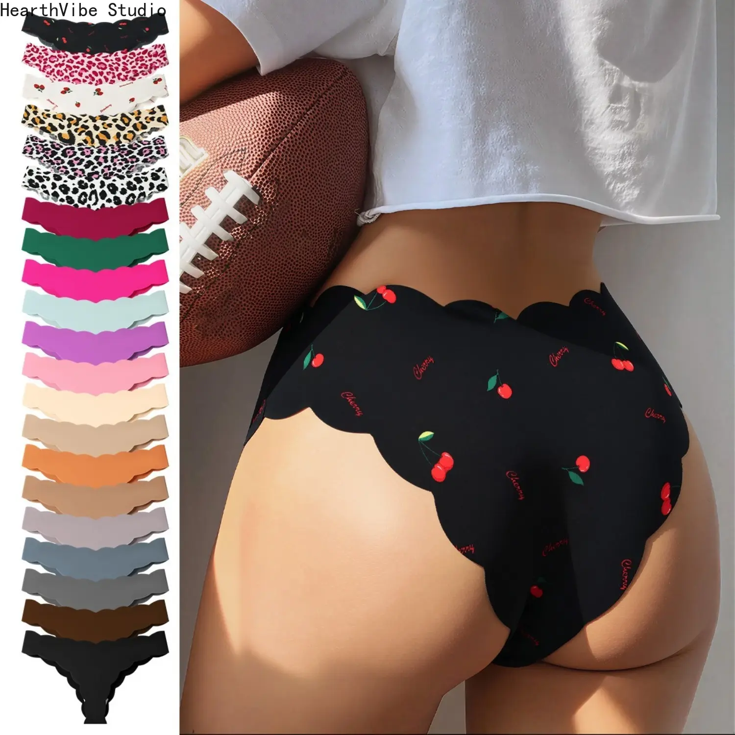 Women Seamless Thong Panties Set Scalloped Edge Low Rise Sexy Ice Silk Underwear Mixed Printed Leopard No Show Bikini Lingerie Pack Comfort Everyday Invisible T-Back Cheeky G-String
