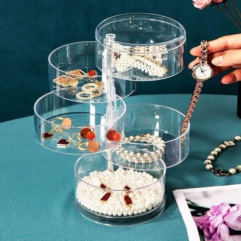 Desktop Rotating Cosmetic Organizer Box, Large Capacity Storage, Modern Minimalist Design, Holds Jewelry, Hair Accessories, Cosmetics