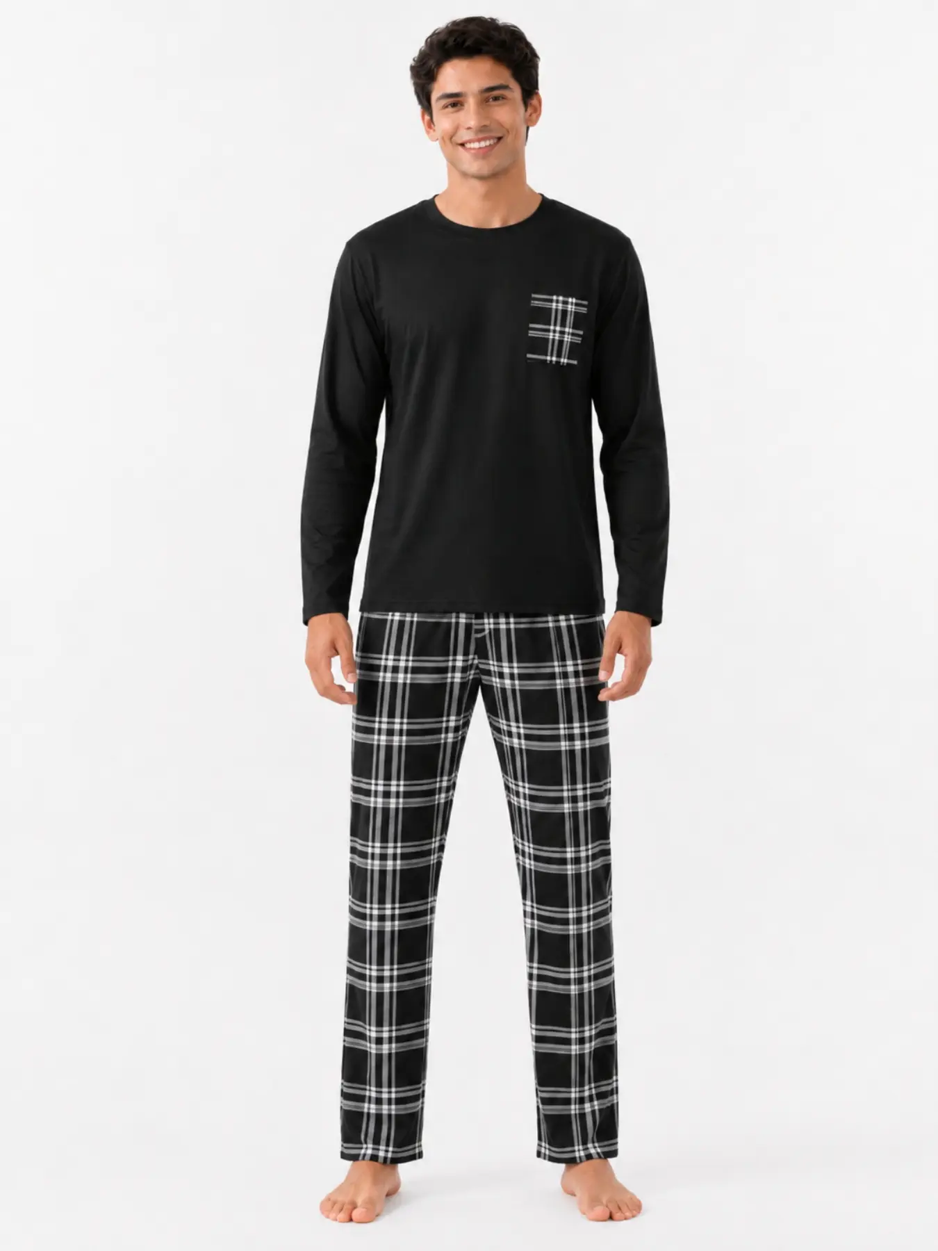Men's Long Sleeve Gingham Pajama Set, Round Neck Casual Home Wear, Comfortable Sleep Two-Piece Set, Fall Winter Style