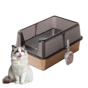 Garvee Stainless Steel Large Cat Litter Box with Scoop for Large Cats, Open Cat Litter Box 60 x 40 x 36.5 cm, XXL Cat Toilet, Cat Litter Box Without Lid for Living Room Bedroom, Black
