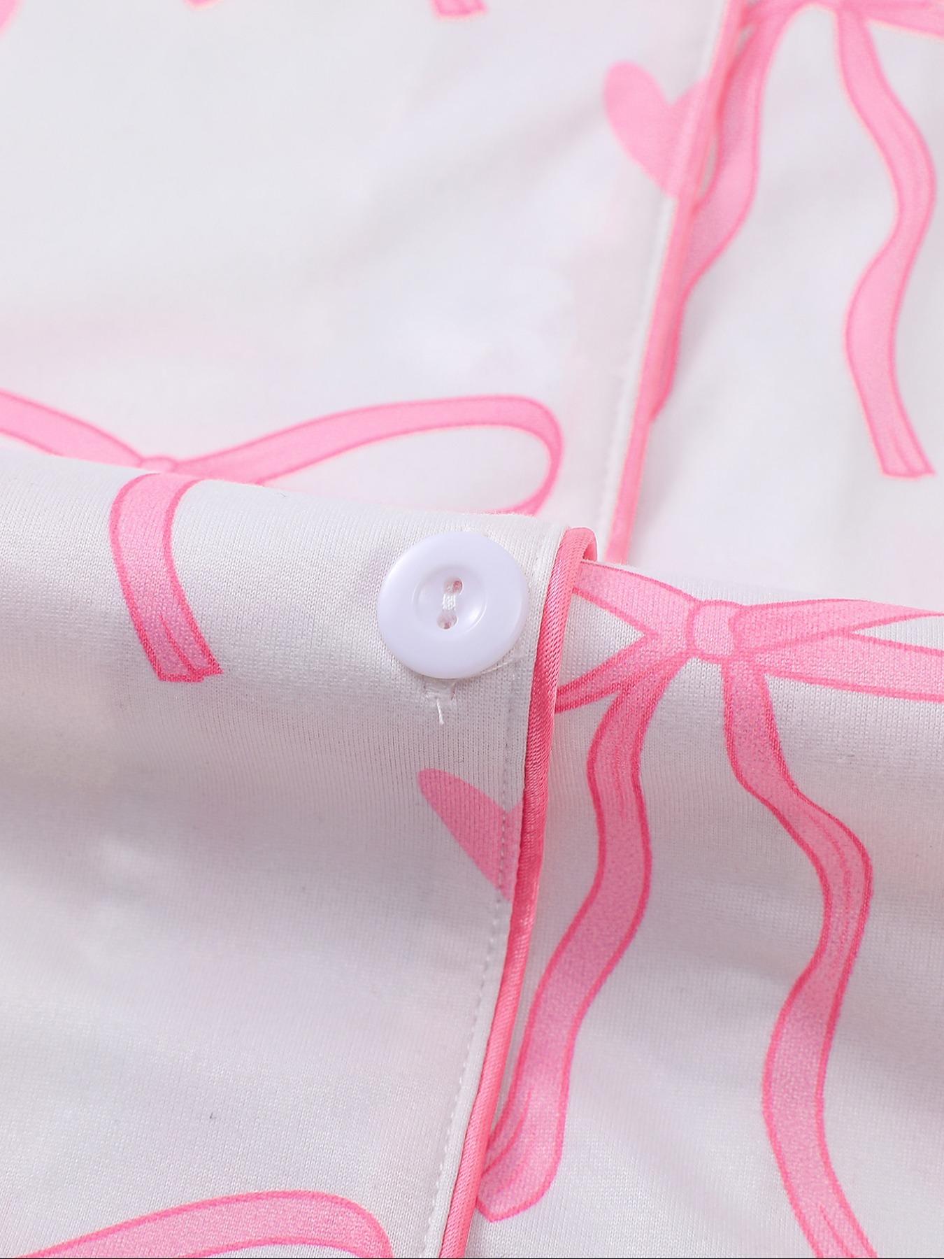 Women's Bowknot Printed Pyjama Set, Casual Outdoor Wear, Soft Shirt & Elastic Shorts, All-Season Comfortable Home Clothing, Loungewear