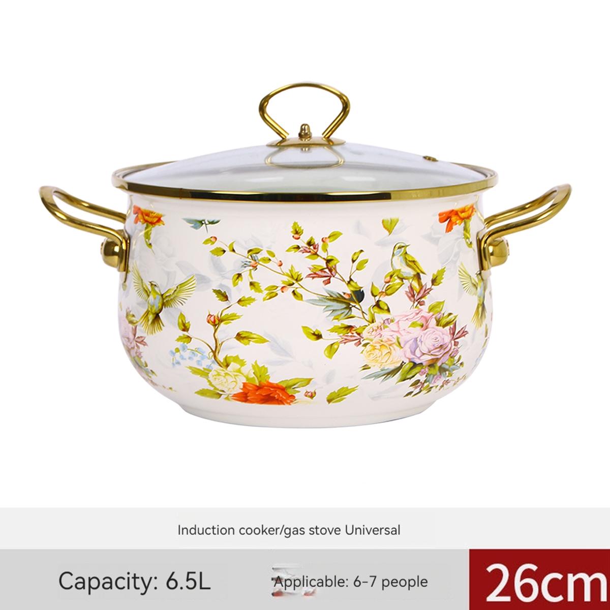 Flower Pattern Stockpot with Lid, Ceramic Soup Pot with Handle, Large Capacity Cooking Pot for Home Kitchen, Double Ear Design