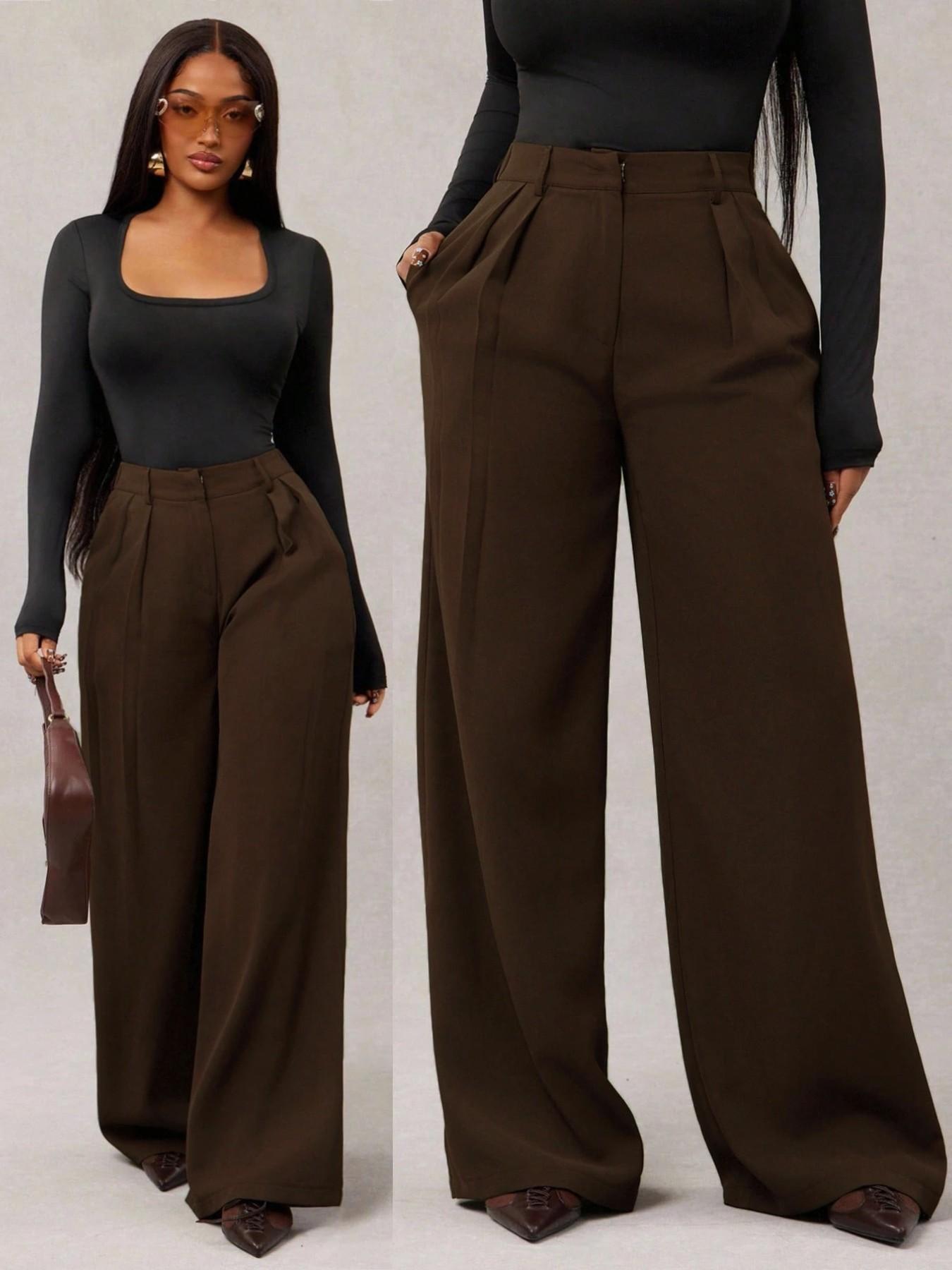 Women's Minimalist Style Fashion Wide Leg Pants, High Waist Elastic Waistband, Commuter & Casual Wear, Comfortable Daily