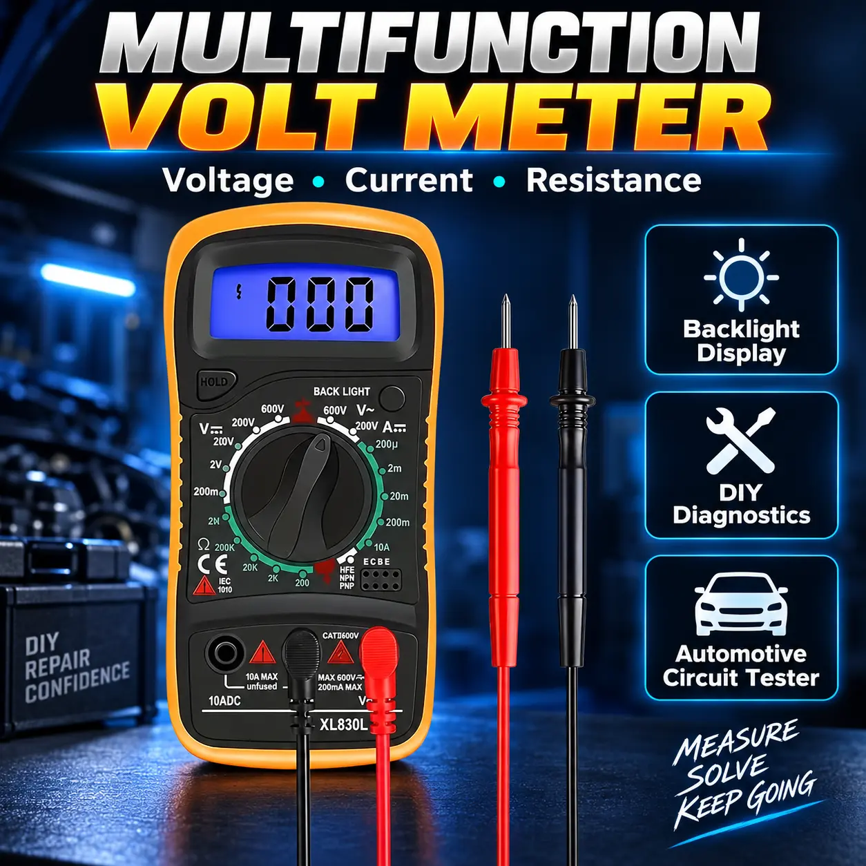Digital Multimeter with AC/DC Voltage, Current and Resistance Testing, LCD Backlight Display and Test Leads for Automotive, Home and Electrical Maintenance