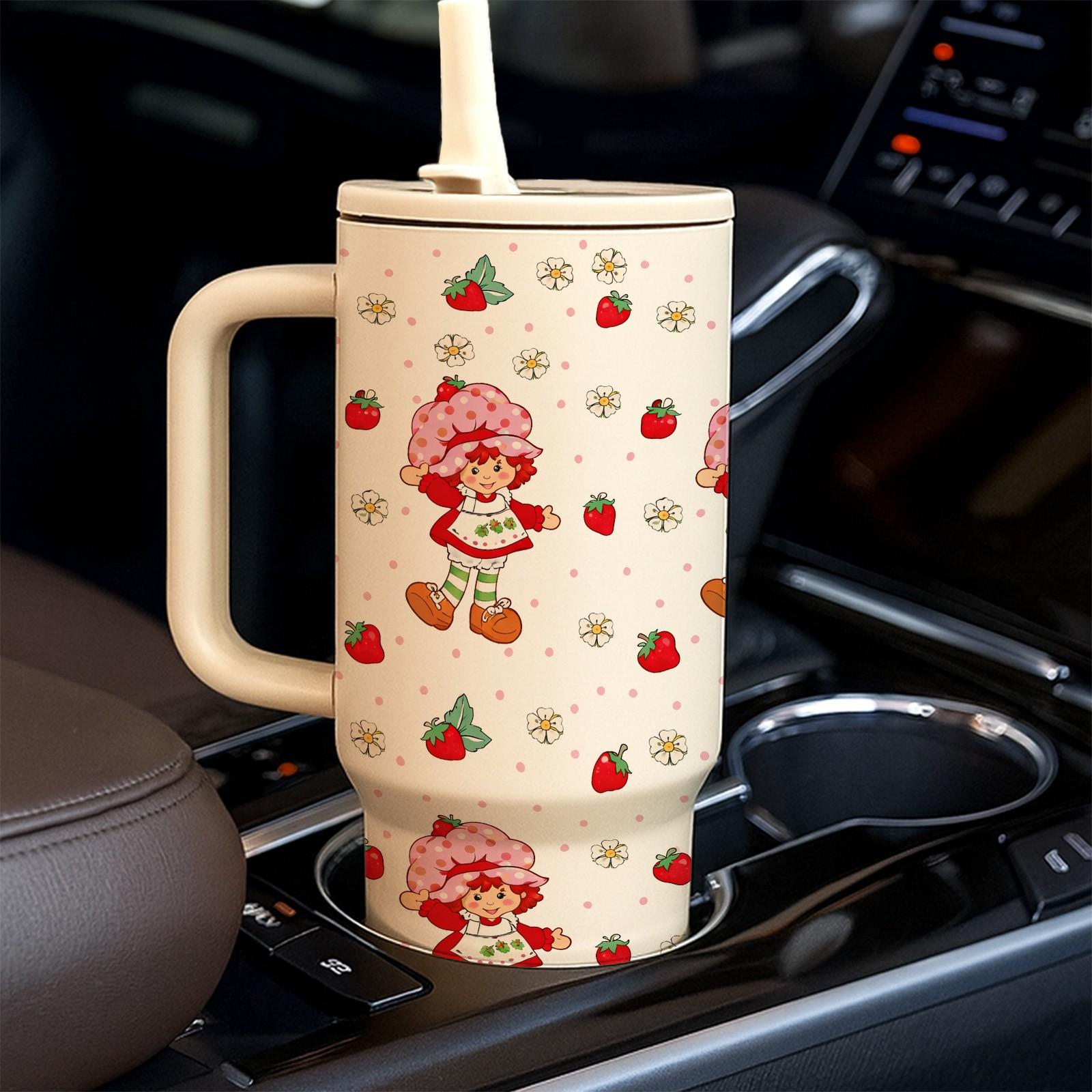 1 Pc 40oz Insulated Mug with Straw Lid and Handle, Cute Strawberry Girl Cartoon Pattern Tumbler, Double Wall Vacuum Thermal Mug for Hot Cold Drinks, Keeps Hot 12 Hours Cold 24 Hours, Large Capacity Leak Proof Design, Gift for Women Girls Holiday