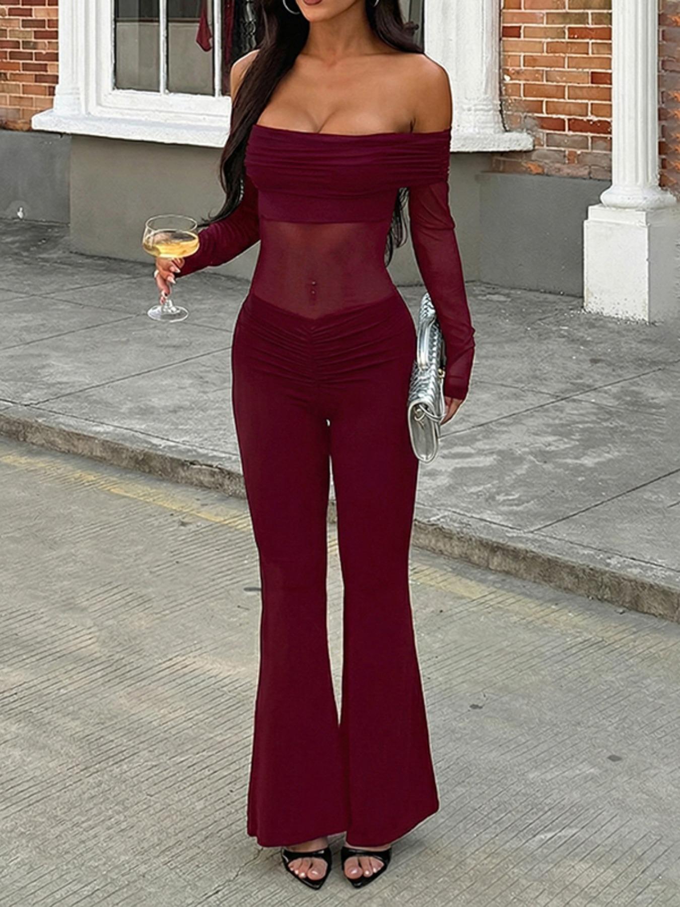 Women's Solid Color Long Sleeve Jumpsuit, Fashion Casual Off Shoulder Jumpsuit for Daily Outdoor Wear, Women Jumpsuits for Summer