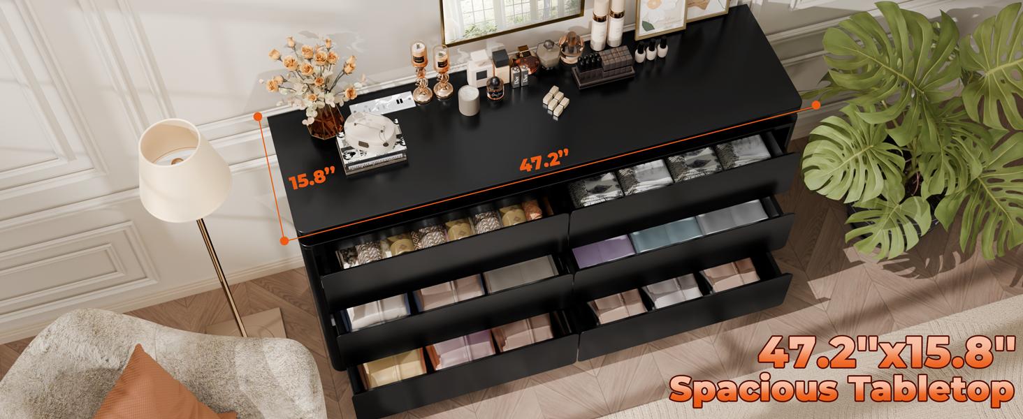 Modern 6 Drawer Dresser with Power Outlet, LED Light, Modern Chest of Drawers for Closet, Double Wide Drawer Organizer Cabinet