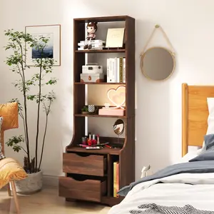 Night Stand with Bookshelf and 2 Storage Drawers 58.11 Inch Tall Bedside Table Vertical Space Saving Unit for Bedroom Living Room Study